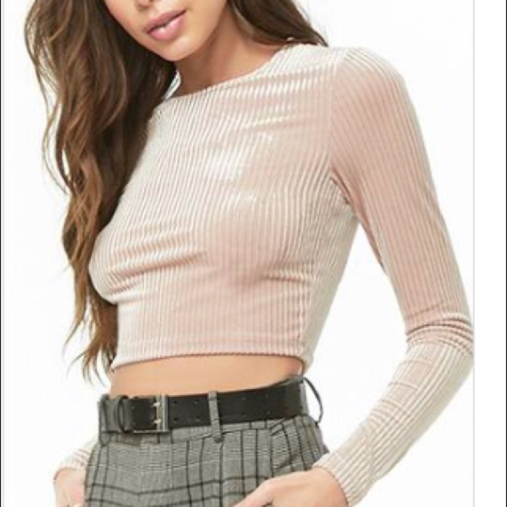 Forever21 Cropped Striped Velvet Long Sleeve Shirt